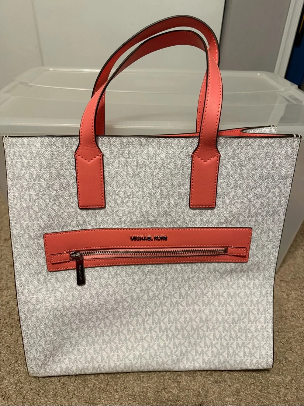 Michael Kors White & Coral MK Monogram Tote